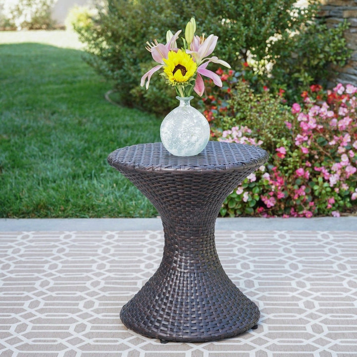 Outdoor Hourglass-Shaped Multi-Brown Wicker Side Table For Garden Patio Backyard Image 8