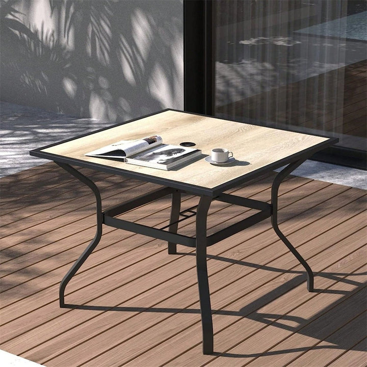 Outdoor Patio Dining Table Square Metal Table With Umbrella Hole And Wood-Look Tabletop For Image 1