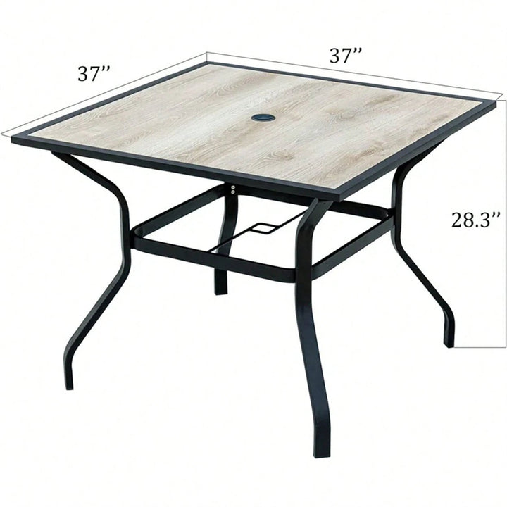 Outdoor Patio Dining Table Square Metal Table With Umbrella Hole And Wood-Look Tabletop For Image 2