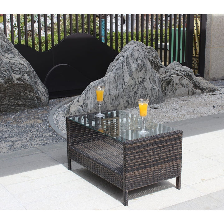 Outdoor Patio Coffee Table, Weather-Resistant Wicker and Tempered Glass Image 1