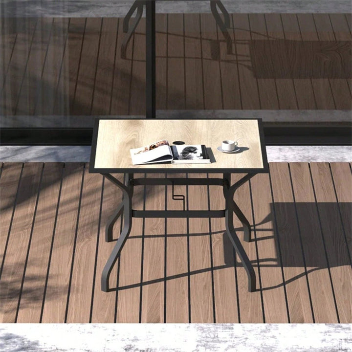 Outdoor Patio Dining Table Square Metal Table With Umbrella Hole And Wood-Look Tabletop For Image 4