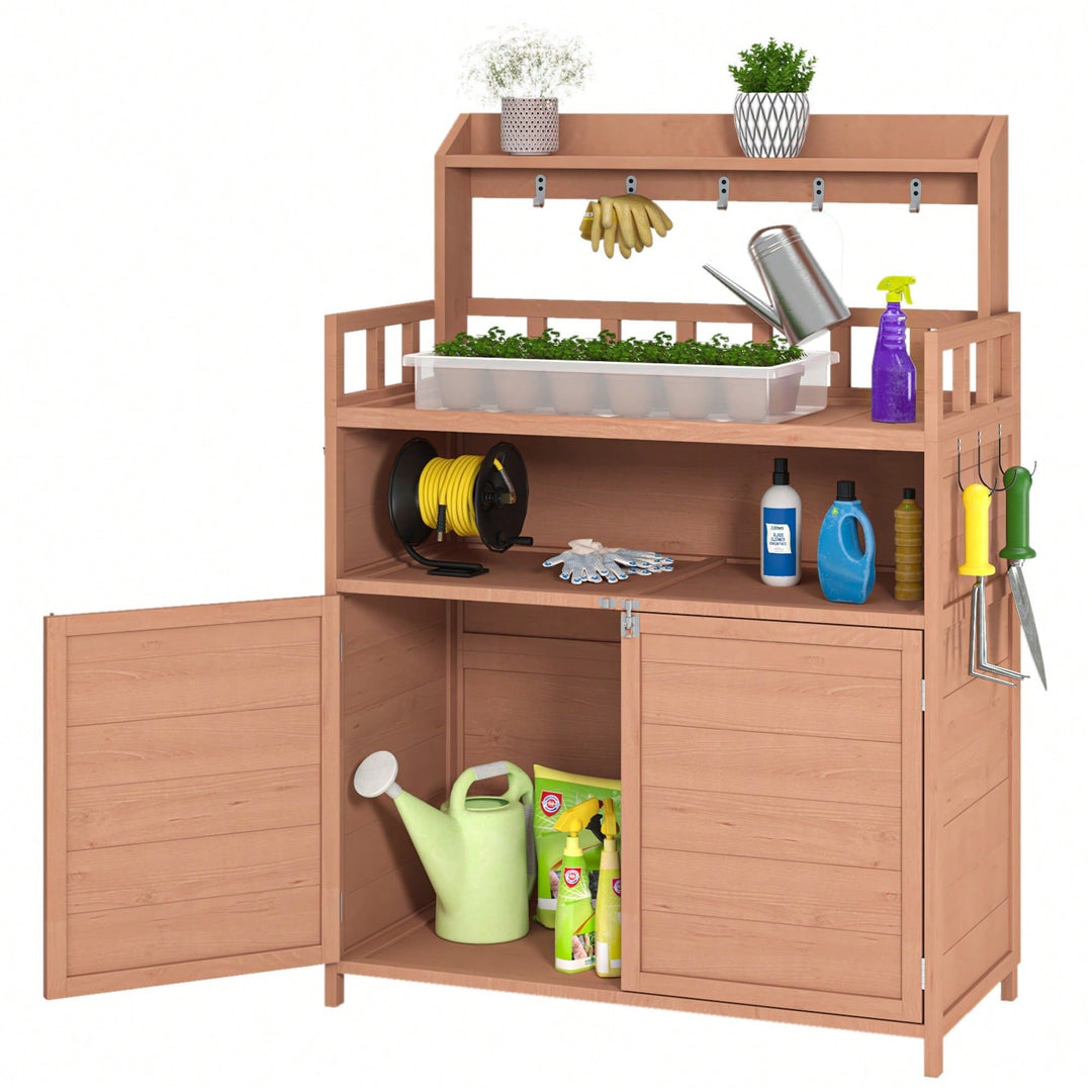 Outdoor Potting Bench With Ample Storage Cabinet And Top Shelf For Gardening And Planting Activities On Your Patio Image 1