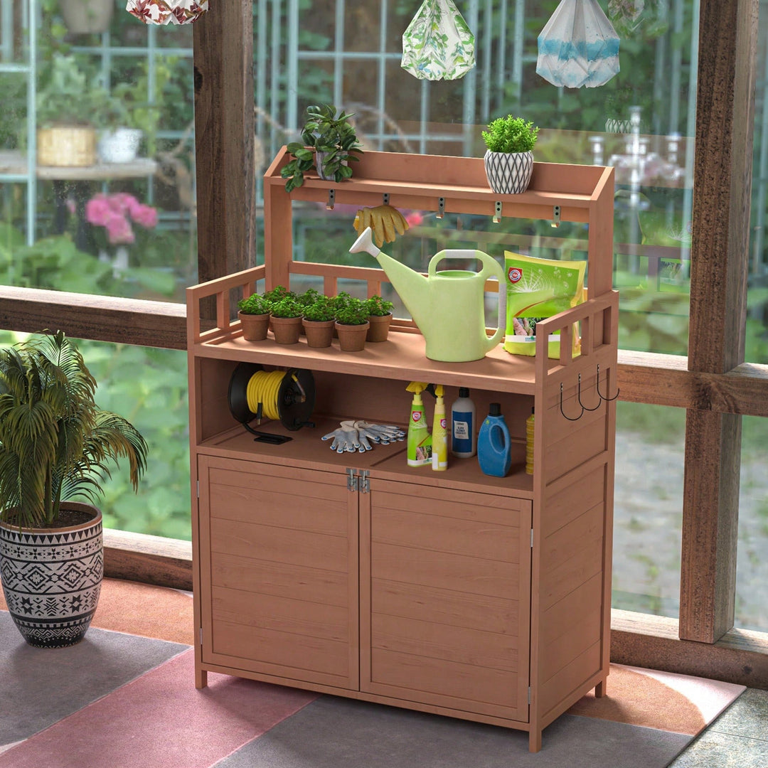 Outdoor Potting Bench With Ample Storage Cabinet And Top Shelf For Gardening And Planting Activities On Your Patio Image 2