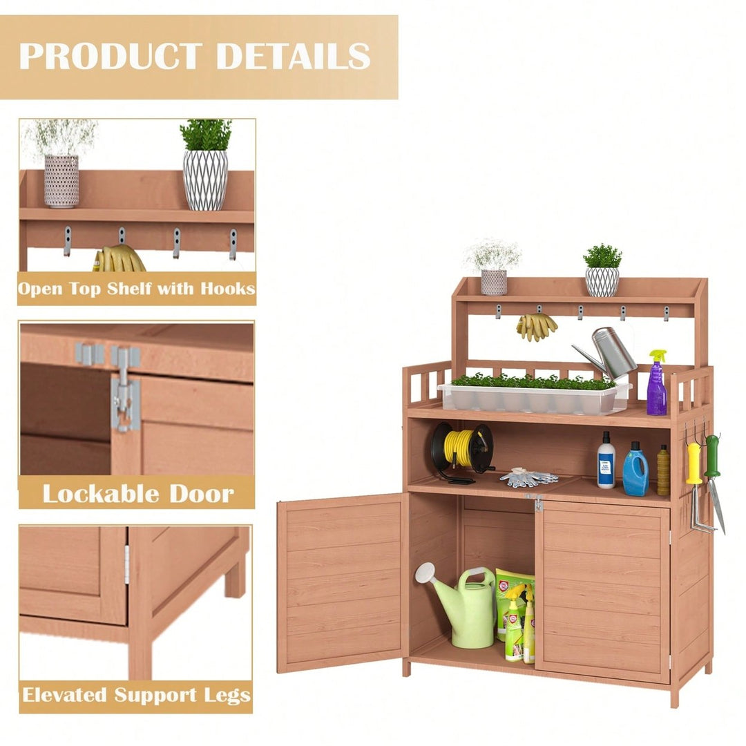 Outdoor Potting Bench With Ample Storage Cabinet And Top Shelf For Gardening And Planting Activities On Your Patio Image 3