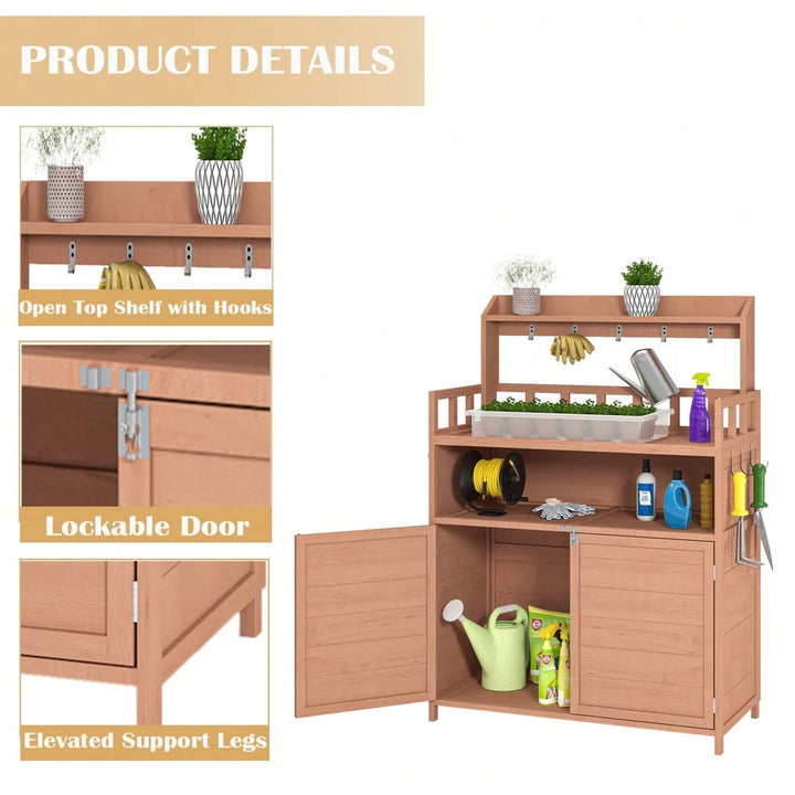 Outdoor Potting Bench With Ample Storage Cabinet And Top Shelf For Gardening And Planting Activities On Your Patio Image 3