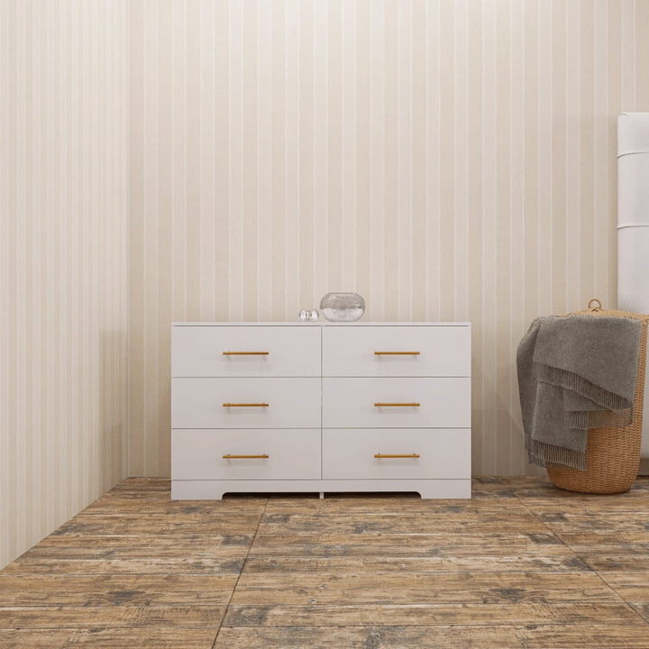 Rustic White 6-Drawer Dresser with Golden Handles for Bedroom Storage Easy Assembly Engineered Wood Image 1