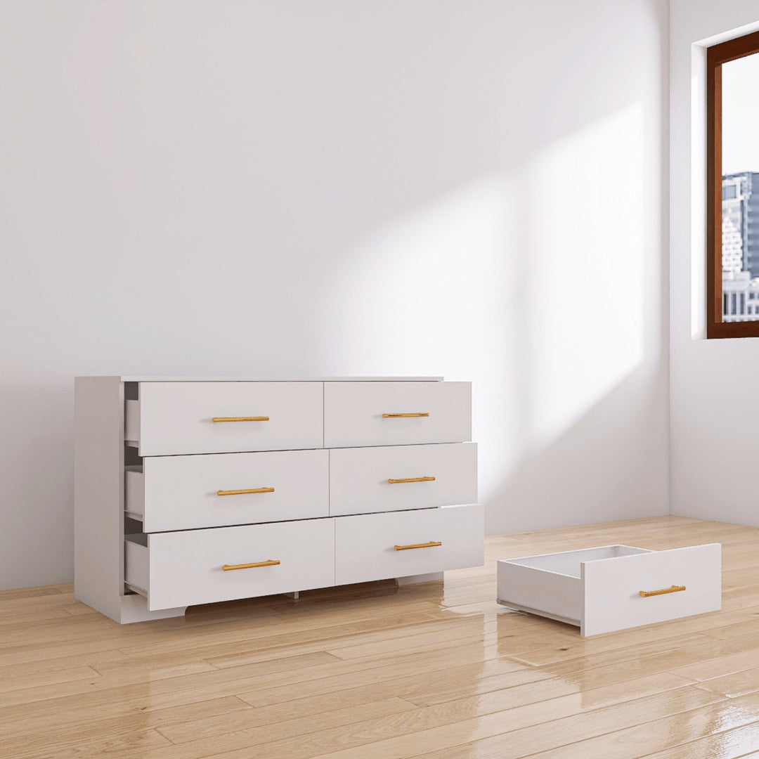 Rustic White 6-Drawer Dresser with Golden Handles for Bedroom Storage Easy Assembly Engineered Wood Image 3