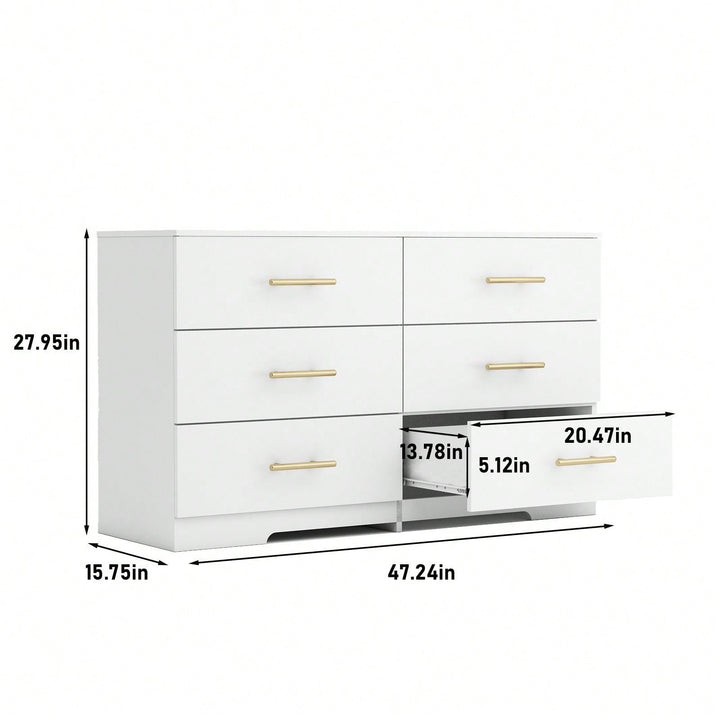 Rustic White 6-Drawer Dresser with Golden Handles for Bedroom Storage Easy Assembly Engineered Wood Image 4