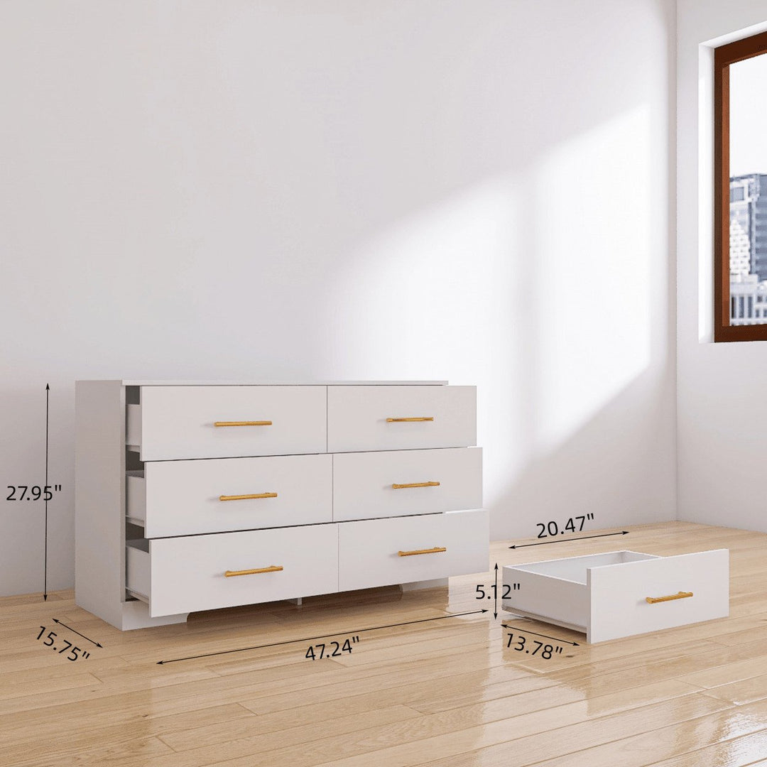 Rustic White 6-Drawer Dresser with Golden Handles for Bedroom Storage Easy Assembly Engineered Wood Image 5