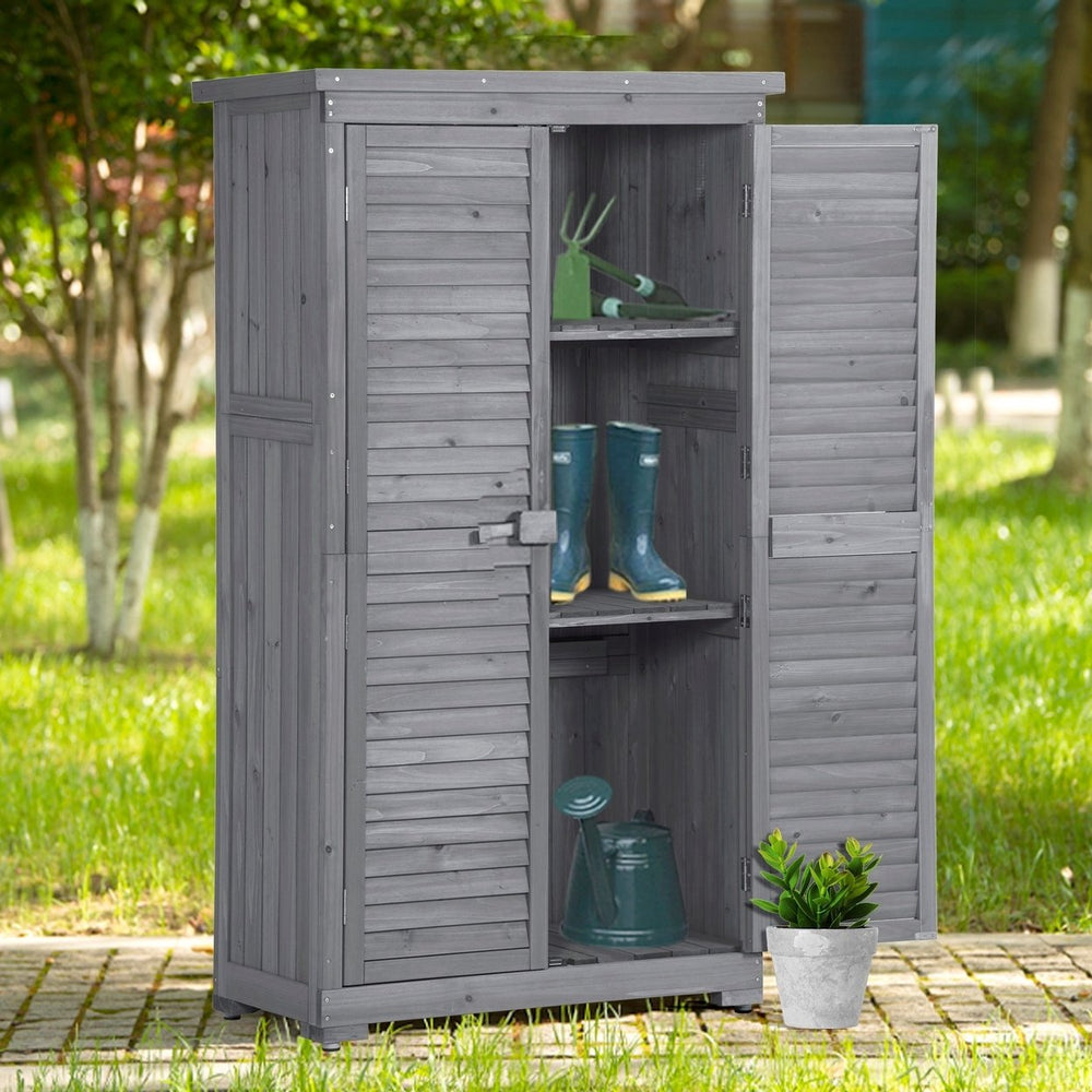 Outdoor Wooden Garden Shed, 3-Tier Patio Storage Cabinet, Fir Wood Organizer with Lockers, Gray Shutter Design Image 2