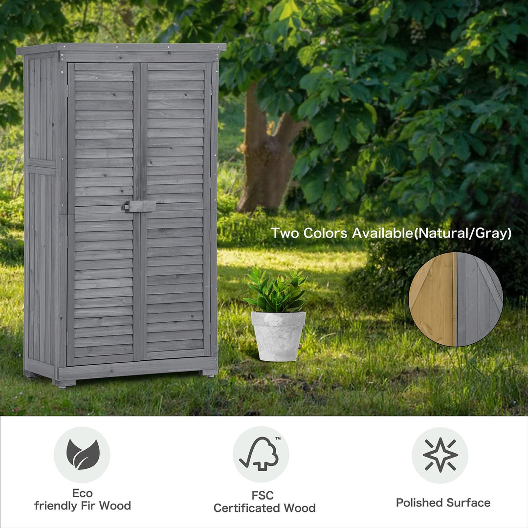 Outdoor Wooden Garden Shed, 3-Tier Patio Storage Cabinet, Fir Wood Organizer with Lockers, Gray Shutter Design Image 5