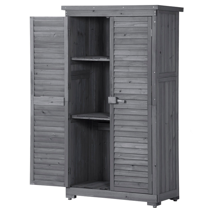 Outdoor Wooden Garden Shed, 3-Tier Patio Storage Cabinet, Fir Wood Organizer with Lockers, Gray Shutter Design Image 6