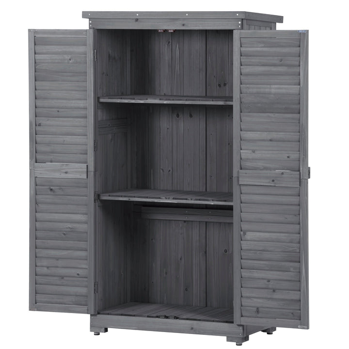 Outdoor Wooden Garden Shed, 3-Tier Patio Storage Cabinet, Fir Wood Organizer with Lockers, Gray Shutter Design Image 7