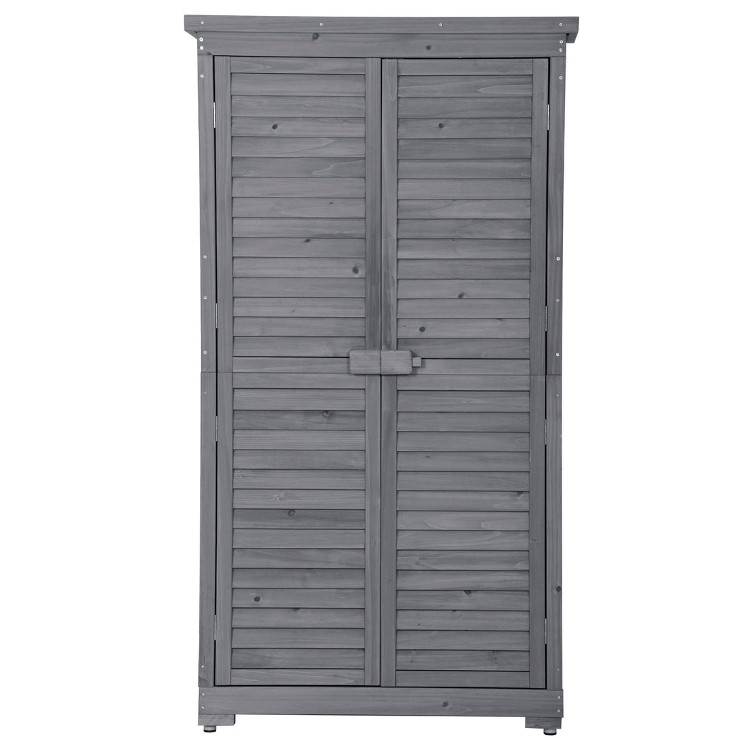 Outdoor Wooden Garden Shed, 3-Tier Patio Storage Cabinet, Fir Wood Organizer with Lockers, Gray Shutter Design Image 8