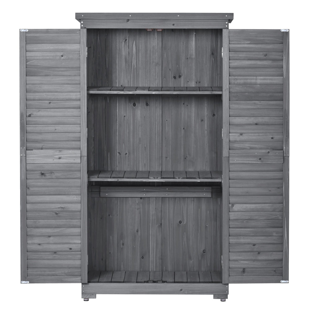 Outdoor Wooden Garden Shed, 3-Tier Patio Storage Cabinet, Fir Wood Organizer with Lockers, Gray Shutter Design Image 9