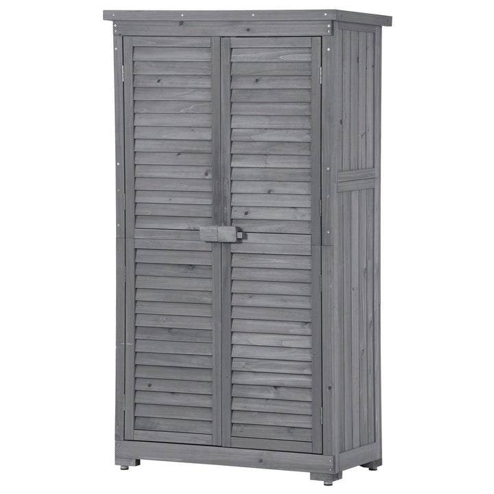 Outdoor Wooden Garden Shed, 3-Tier Patio Storage Cabinet, Fir Wood Organizer with Lockers, Gray Shutter Design Image 12