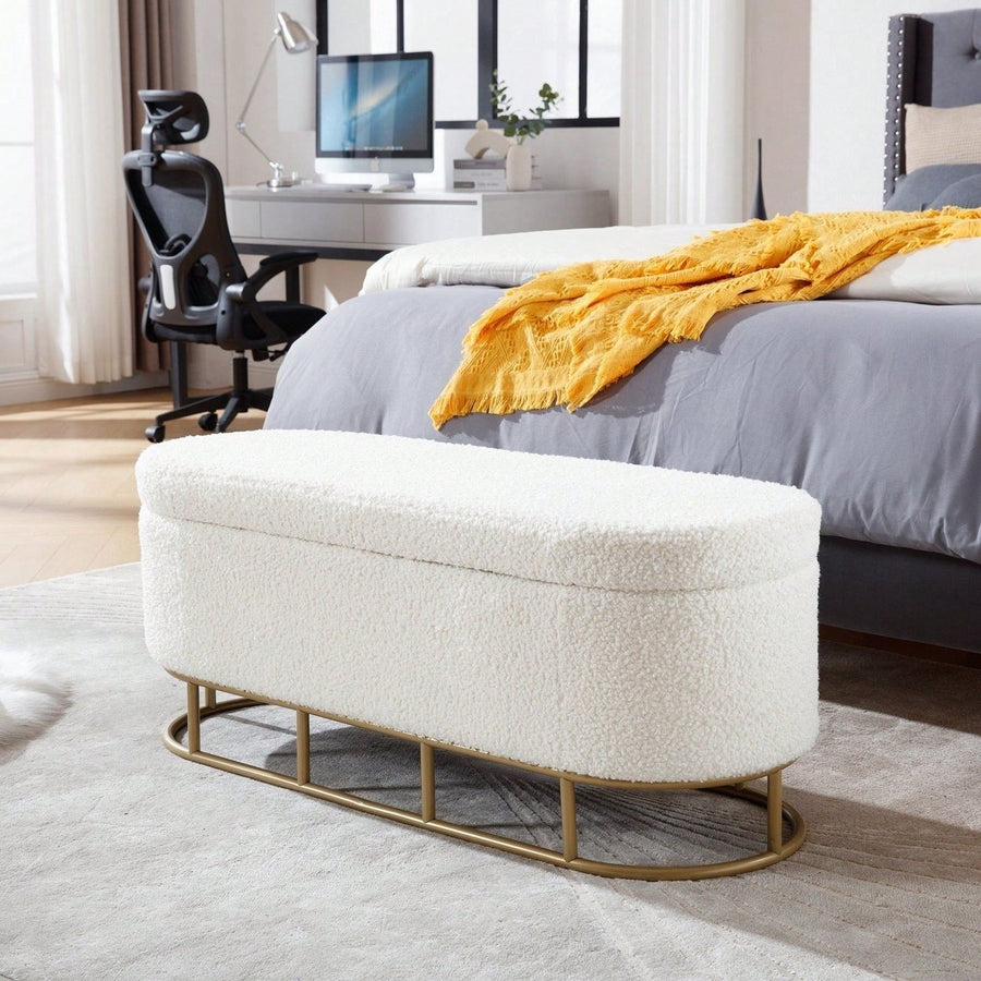 Oval Storage Bench For Living Room Bedroom End Of Bed,Upholstered Storage Ottoman Entryway Bench With Metal Legs Image 1