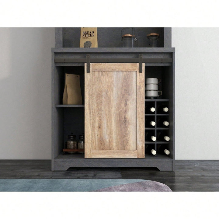 Rustic Wood Wine Cabinet with Stone Finish for Living and Dining Room - Sturdy Farmhouse Coffee Bar Storage - Easy Image 3