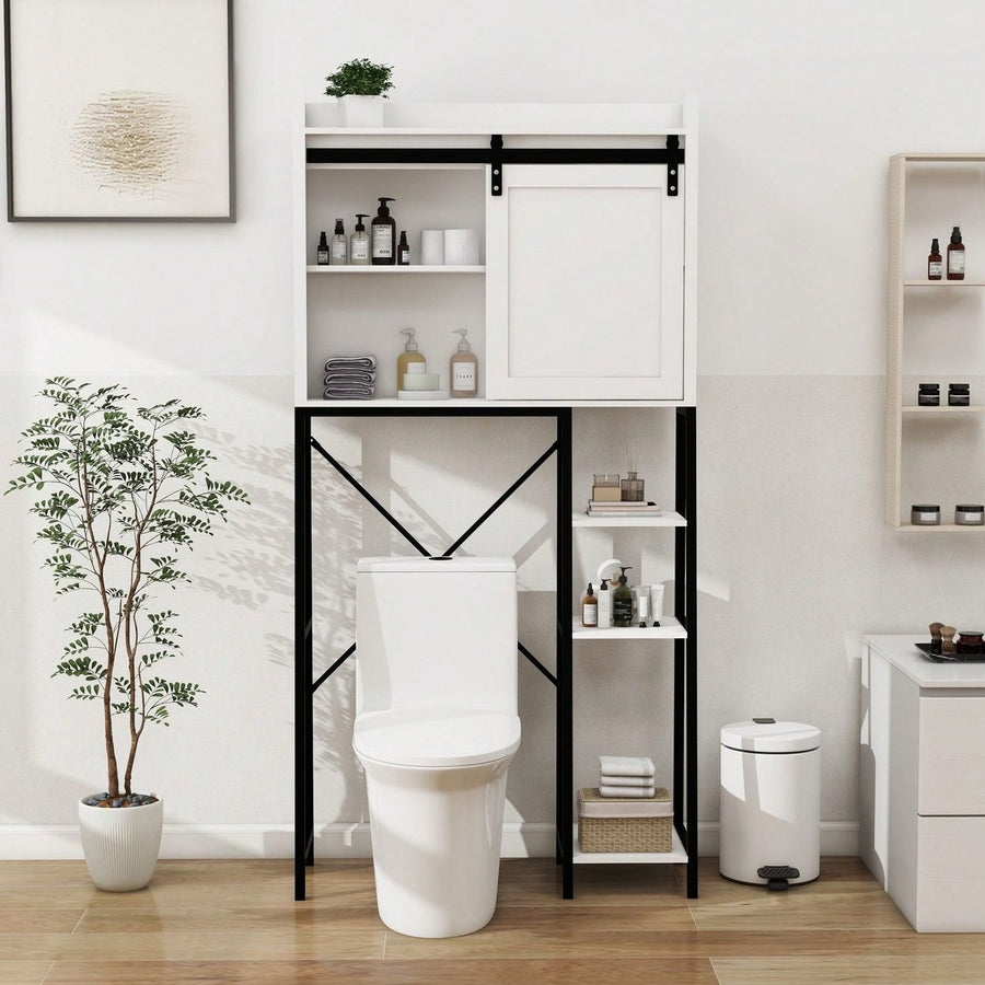 Over The Toilet Storage Cabinet, Bathroom Shelves Over Toilet With Sliding Barn Door,Adjustable Shelves And Side Storage Image 1