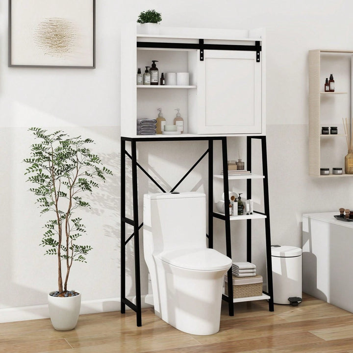 Over The Toilet Storage Cabinet, Bathroom Shelves Over Toilet With Sliding Barn Door,Adjustable Shelves And Side Storage Image 2