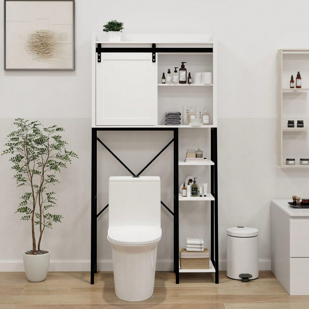 Over The Toilet Storage Cabinet, Bathroom Shelves Over Toilet With Sliding Barn Door,Adjustable Shelves And Side Storage Image 4