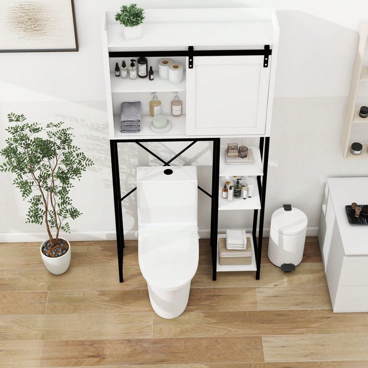 Over The Toilet Storage Cabinet, Bathroom Shelves Over Toilet With Sliding Barn Door,Adjustable Shelves And Side Storage Image 5