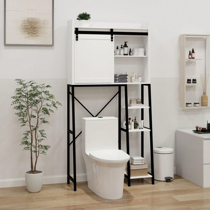 Over The Toilet Storage Cabinet, Bathroom Shelves Over Toilet With Sliding Barn Door,Adjustable Shelves And Side Storage Image 6