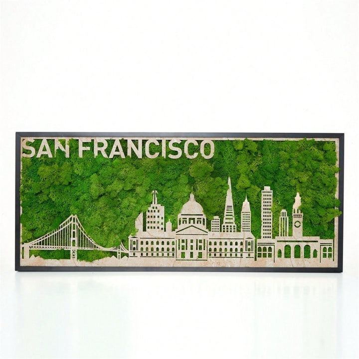 San Francisco Silhouette Metal Wall Art with Green Moss Unique Home Image 1