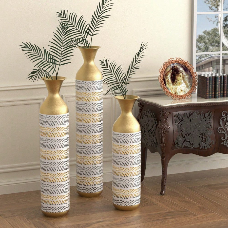 Oversized Handmade Gold Floor Vase Set Of 3 - Vintage Metal Vases For Dried Flowers Pampas Grass Rustic Image 1