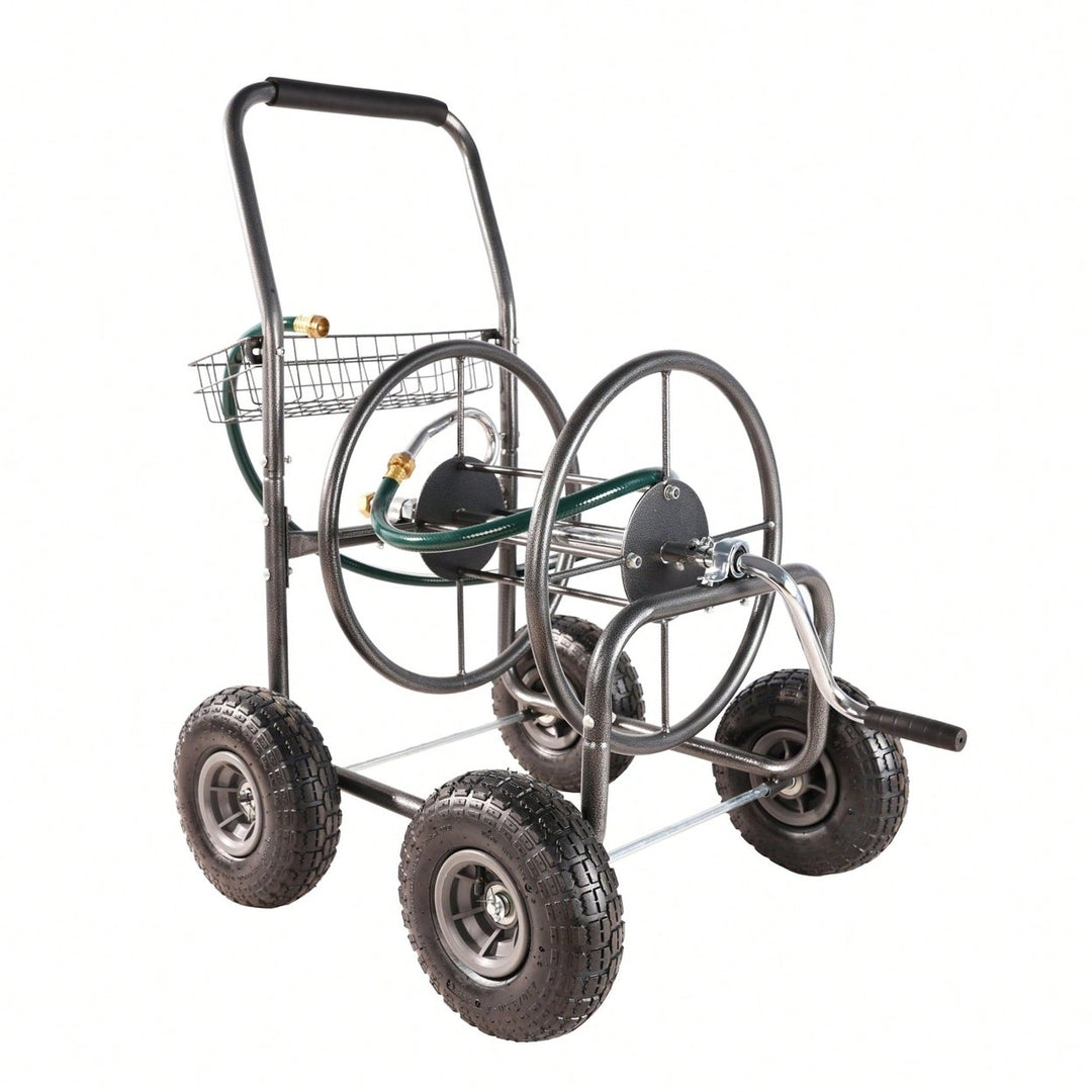 Portable 4-Wheel Garden Hose Reel Cart With Storage Basket - Heavy Duty, Rust Resistant Water Hose Holder For Easy Image 2