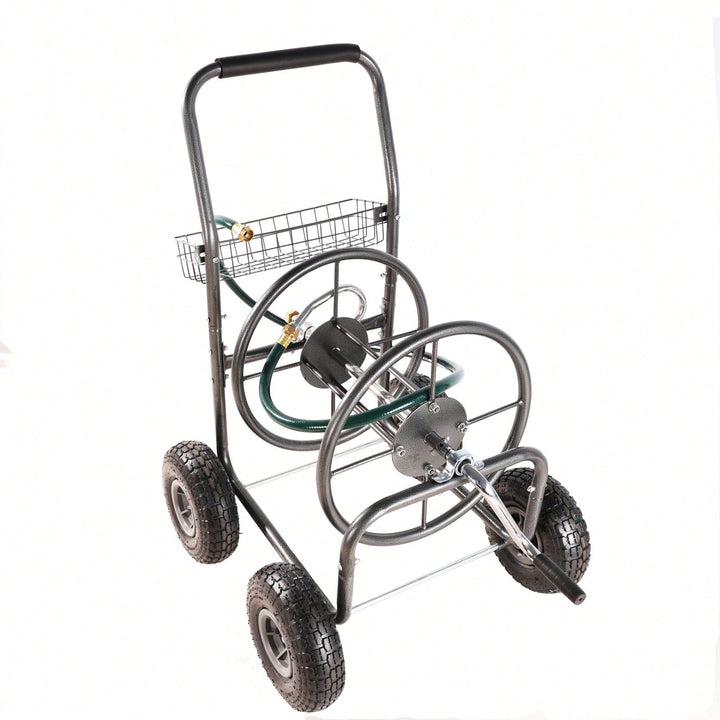 Portable 4-Wheel Garden Hose Reel Cart With Storage Basket - Heavy Duty, Rust Resistant Water Hose Holder For Easy Image 3