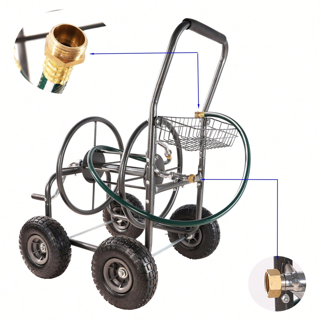 Portable 4-Wheel Garden Hose Reel Cart With Storage Basket - Heavy Duty, Rust Resistant Water Hose Holder For Easy Image 4