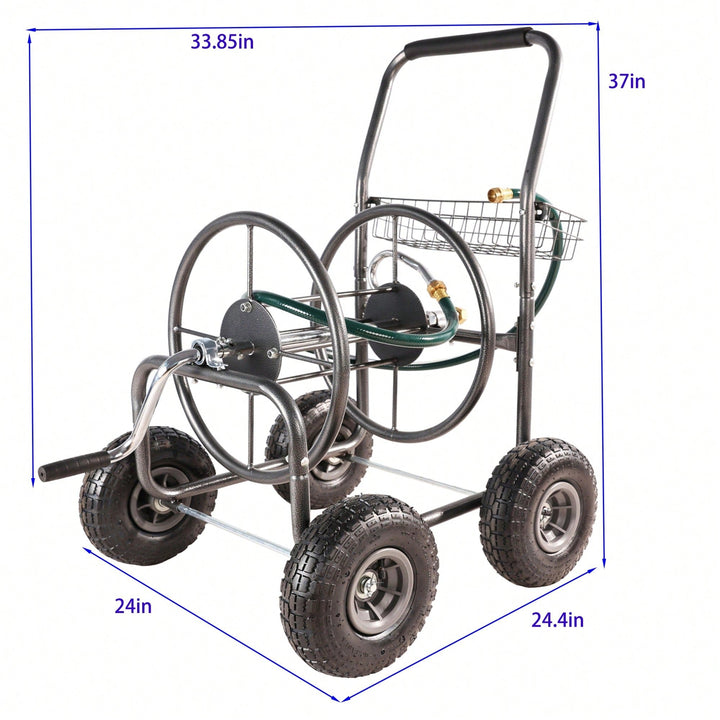 Portable 4-Wheel Garden Hose Reel Cart With Storage Basket - Heavy Duty, Rust Resistant Water Hose Holder For Easy Image 5