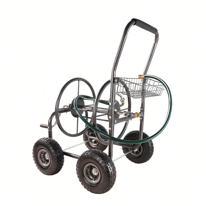 Portable 4-Wheel Garden Hose Reel Cart With Storage Basket - Heavy Duty, Rust Resistant Water Hose Holder For Easy Image 6