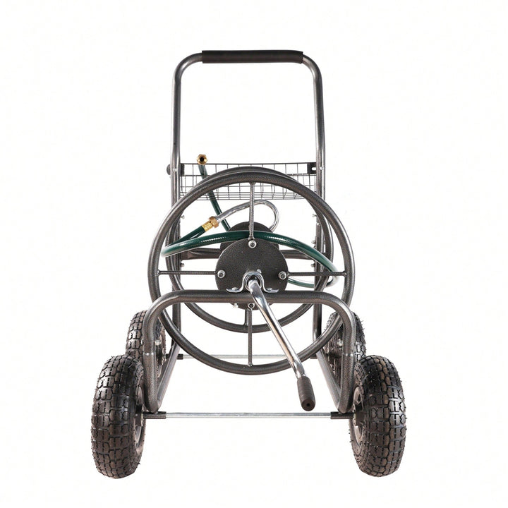 Portable 4-Wheel Garden Hose Reel Cart With Storage Basket - Heavy Duty, Rust Resistant Water Hose Holder For Easy Image 7