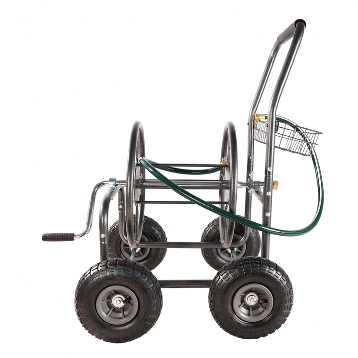 Portable 4-Wheel Garden Hose Reel Cart With Storage Basket - Heavy Duty, Rust Resistant Water Hose Holder For Easy Image 8