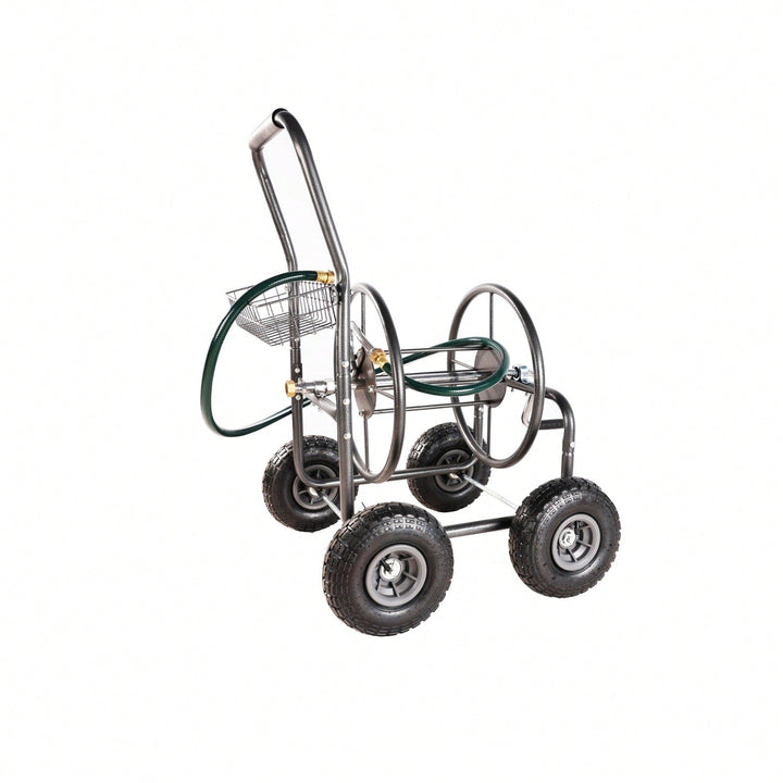 Portable 4-Wheel Garden Hose Reel Cart With Storage Basket - Heavy Duty, Rust Resistant Water Hose Holder For Easy Image 9