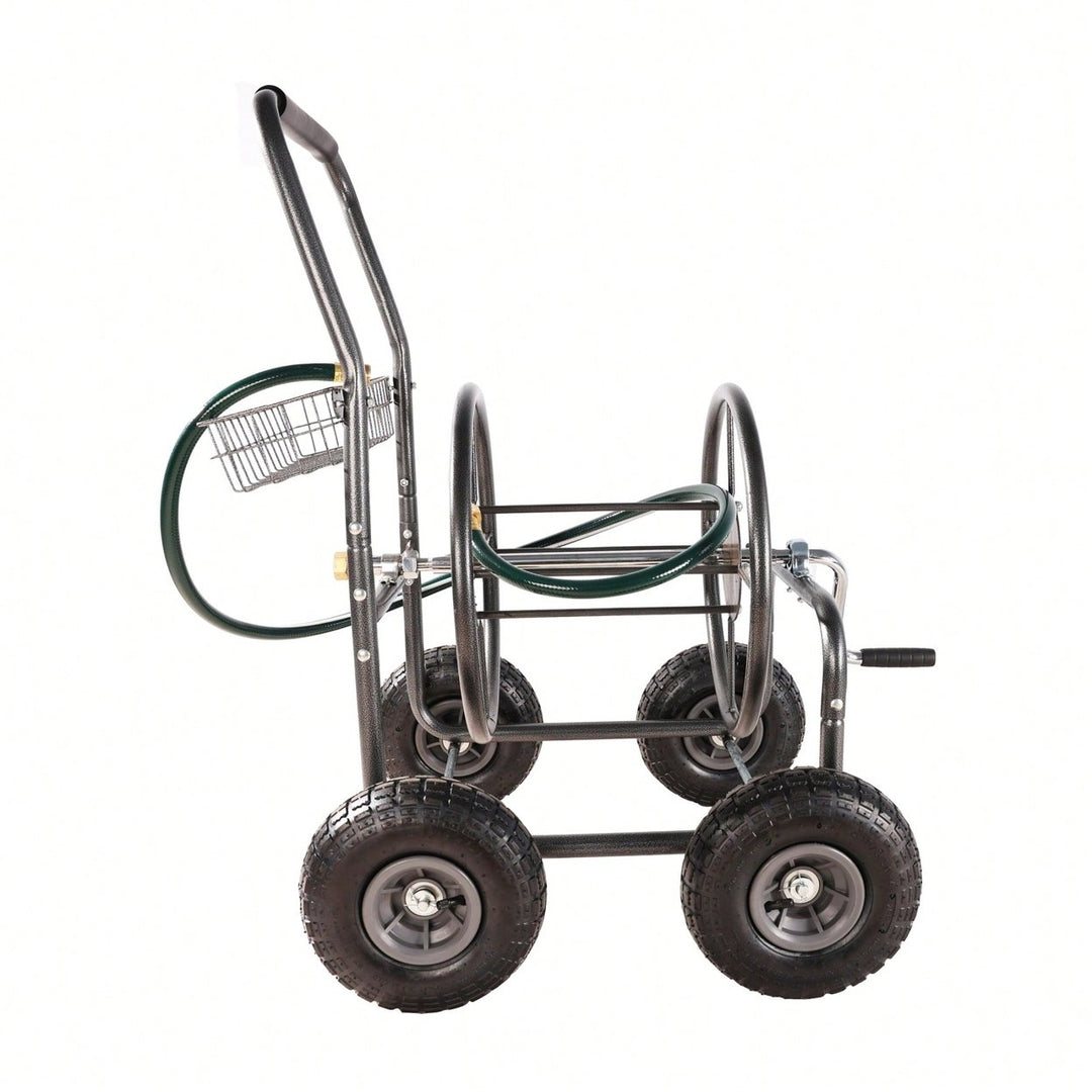 Portable 4-Wheel Garden Hose Reel Cart With Storage Basket - Heavy Duty, Rust Resistant Water Hose Holder For Easy Image 10