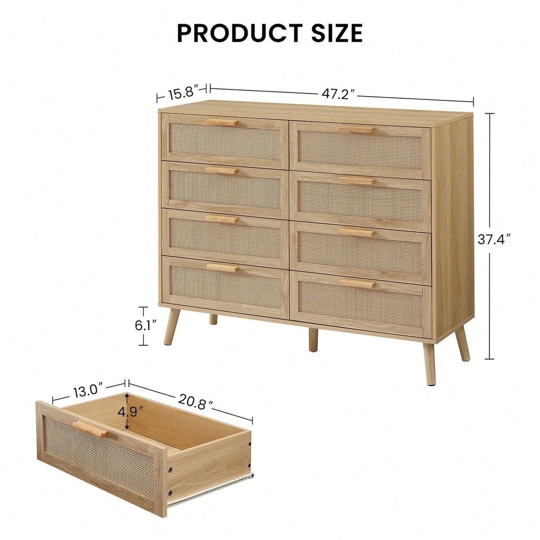 Natural Rattan Double Dresser with 8 Drawers Multi-Functional Storage Cabinet for Kids Room Living Room Entryway 47.2W x Image 5