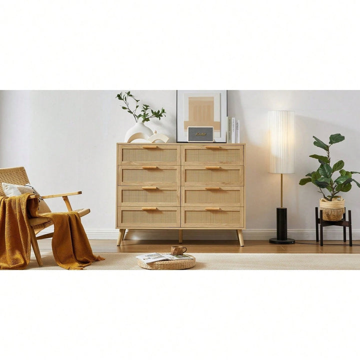 Natural Rattan Double Dresser with 8 Drawers Multi-Functional Storage Cabinet for Kids Room Living Room Entryway 47.2W x Image 6