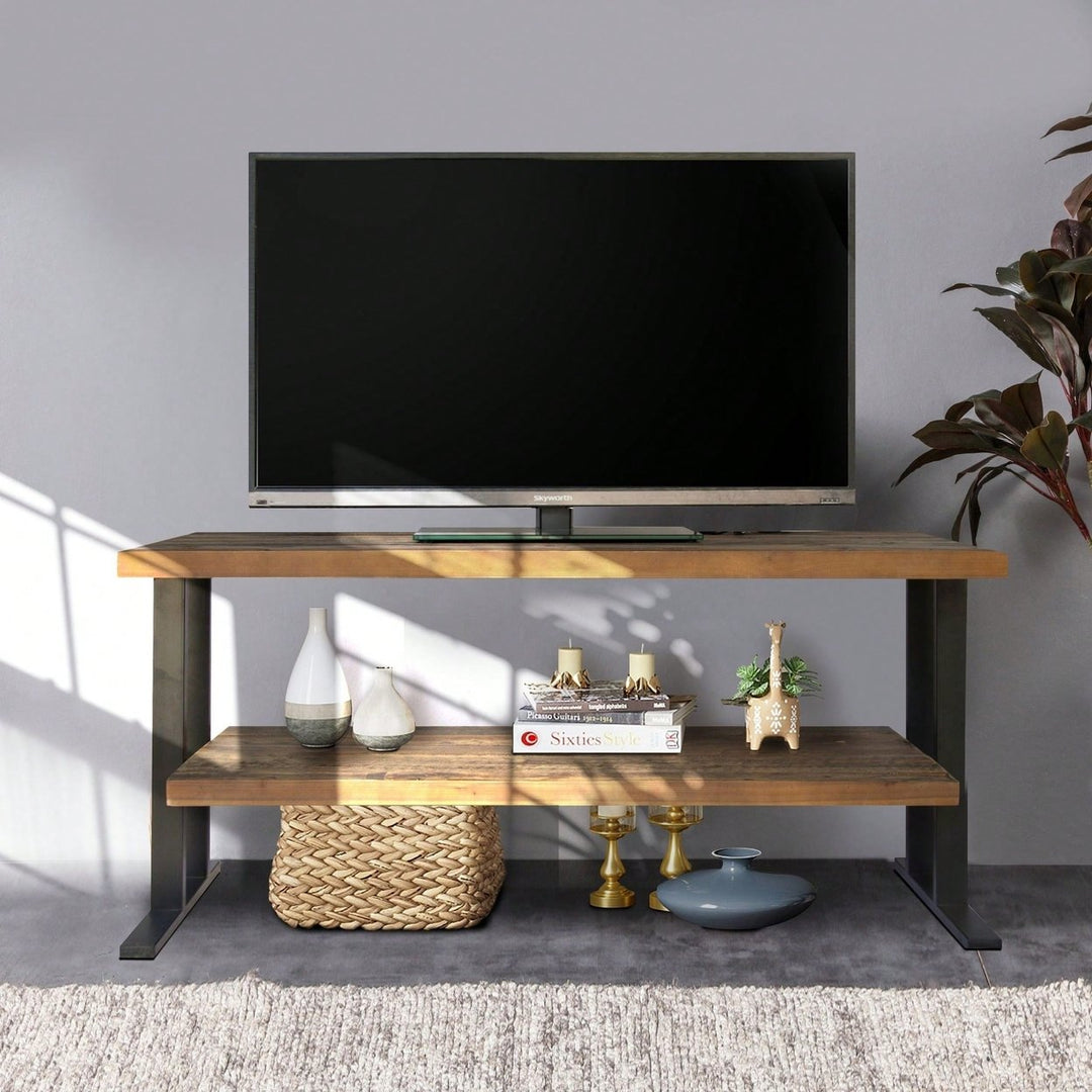 Natural Reclaimed Wood Media Console Table with Open Shelves for Flat Screens and Versatile Storage Image 5