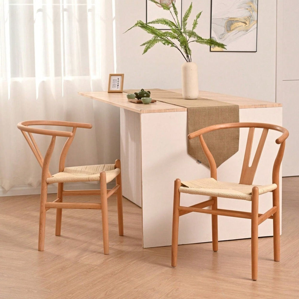 Natural Solid Wood Wishbone Design Backrest Chair With Canvas Seat For Dining Room And Kitchen - Set Of 2 Chairs For Image 2