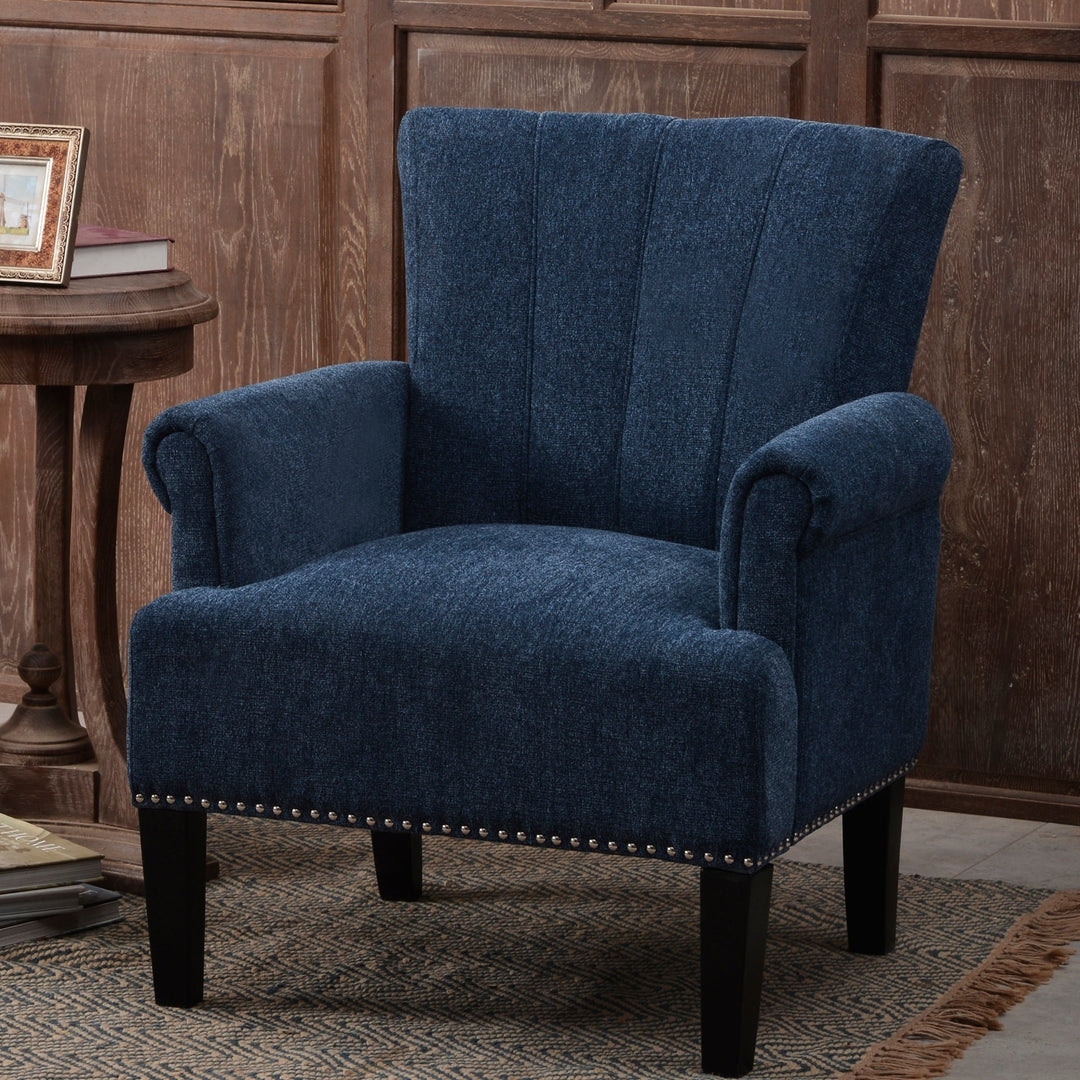 Navy Blue Accent Rivet Tufted Polyester Armchair - Stylish Upholstered Chair for Living Room, Bedroom, or Office Seating Image 1