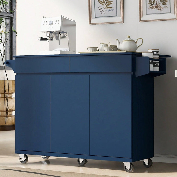 Navy Blue Rolling Kitchen Island with Drop Leaf and Storage Drawers for Versatile Dining Spaces Image 2