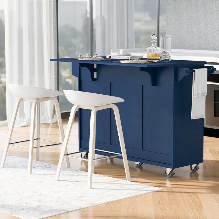 Navy Blue Rolling Kitchen Island with Drop Leaf and Storage Drawers for Versatile Dining Spaces Image 3