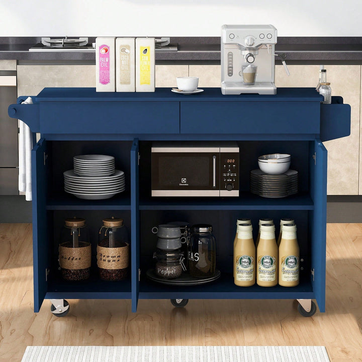 Navy Blue Rolling Kitchen Island with Drop Leaf and Storage Drawers for Versatile Dining Spaces Image 6