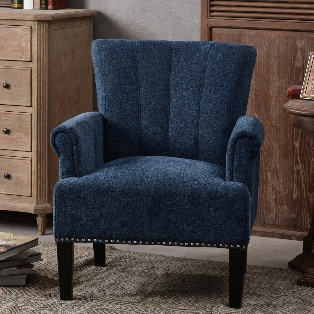 Navy Blue Accent Rivet Tufted Polyester Armchair - Stylish Upholstered Chair for Living Room, Bedroom, or Office Seating Image 9