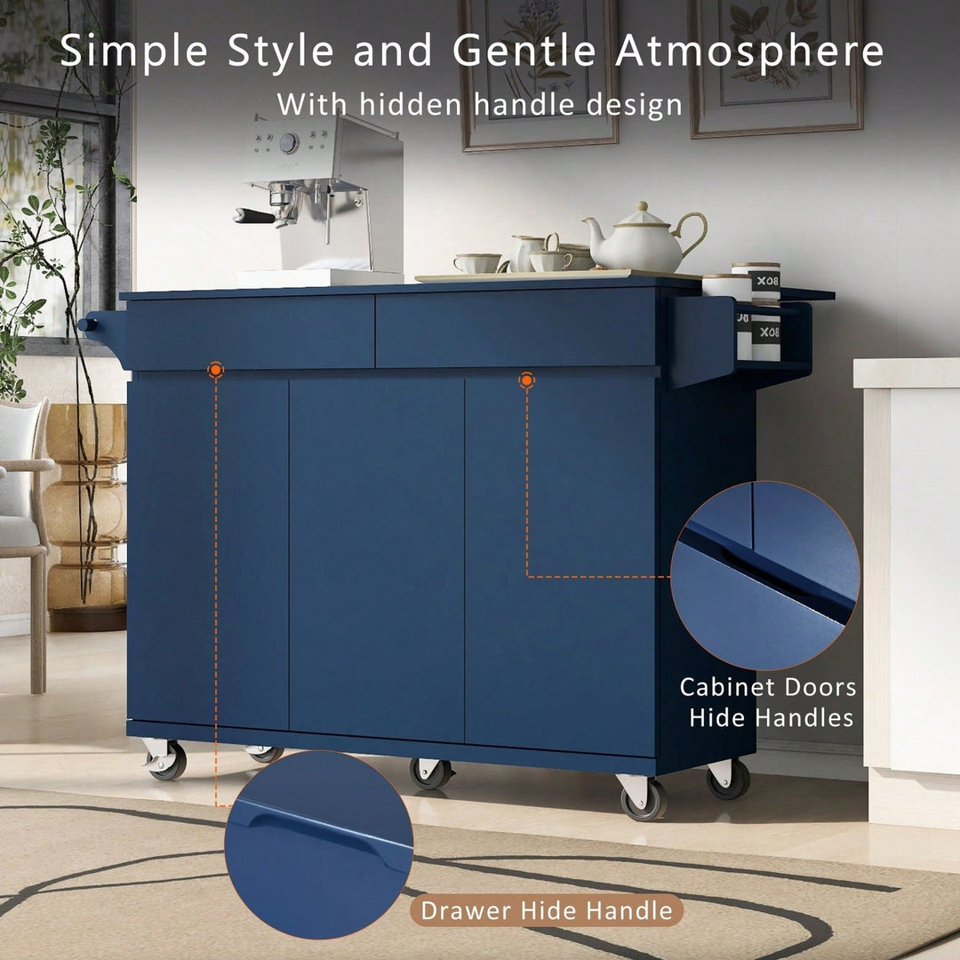 Navy Blue Rolling Kitchen Island with Drop Leaf and Storage Drawers for Versatile Dining Spaces Image 7