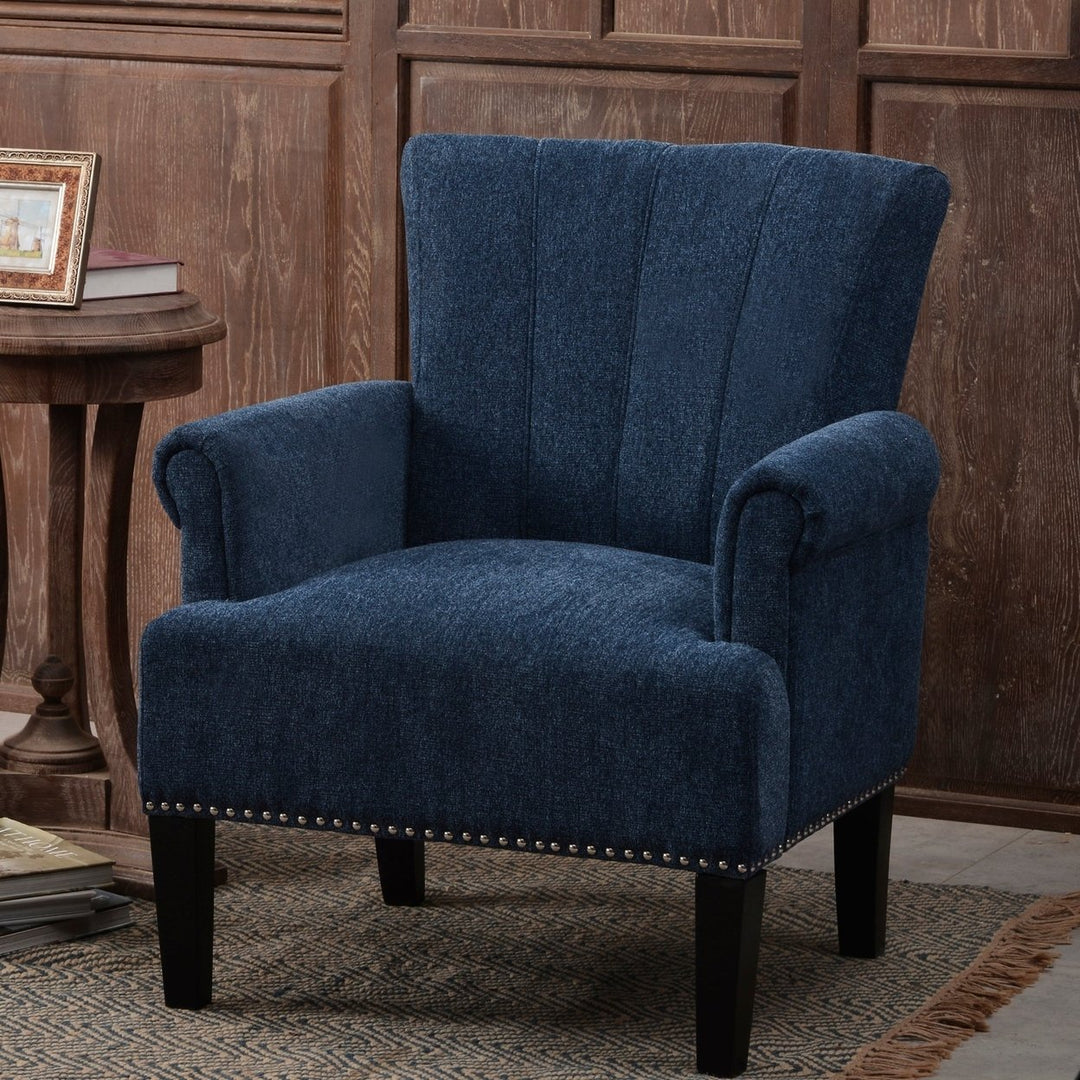 Navy Blue Accent Rivet Tufted Polyester Armchair - Stylish Upholstered Chair for Living Room, Bedroom, or Office Seating Image 10