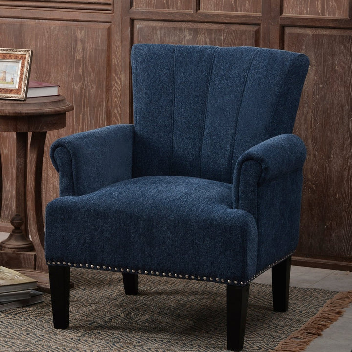 Navy Blue Accent Rivet Tufted Polyester Armchair - Stylish Upholstered Chair for Living Room, Bedroom, or Office Seating Image 10